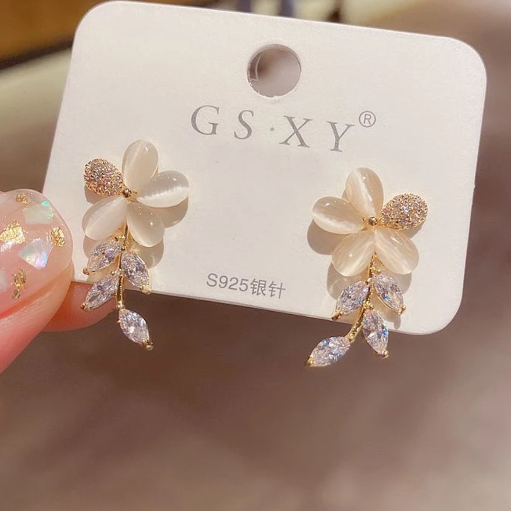 CZ Crystal Flower & Leaf Drop Earrings - Picture 3 of 5